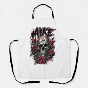 Mike Gothic Skull with Red Roses and Flames Apron