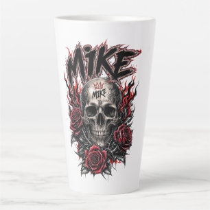 Mike Gothic Skull with Red Roses and Flames Latte Mug