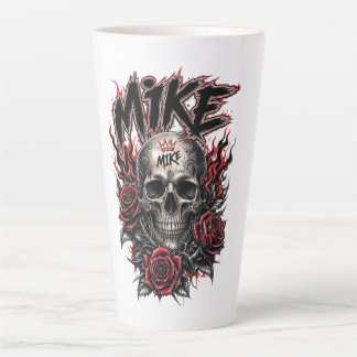Mike Gothic Skull with Red Roses and Flames Latte Mug