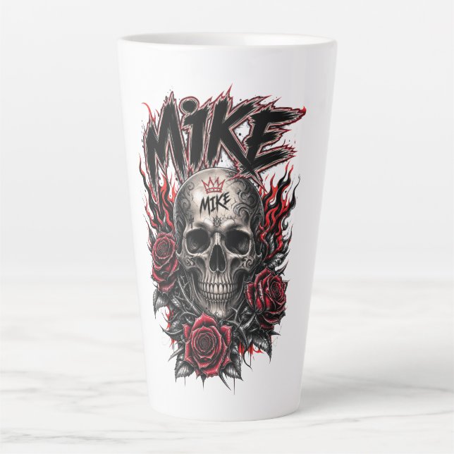 Mike Gothic Skull with Red Roses and Flames Latte Mug (Front)