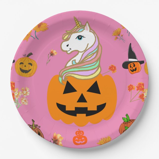 Mikitiez halloween unicorn spooky october fall paper plate (Front)