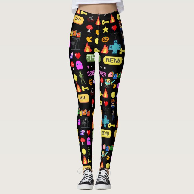 Mikitiez videogame pixel halloween spooky bat  leggings (Front)