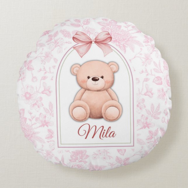 Mila | Custom Pink Teddy Bear Nursery Design  Round Cushion (Front)