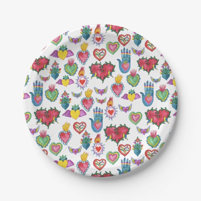Milagros Flaming Hearts Watercolor Valentines Love Paper Plate (Front)