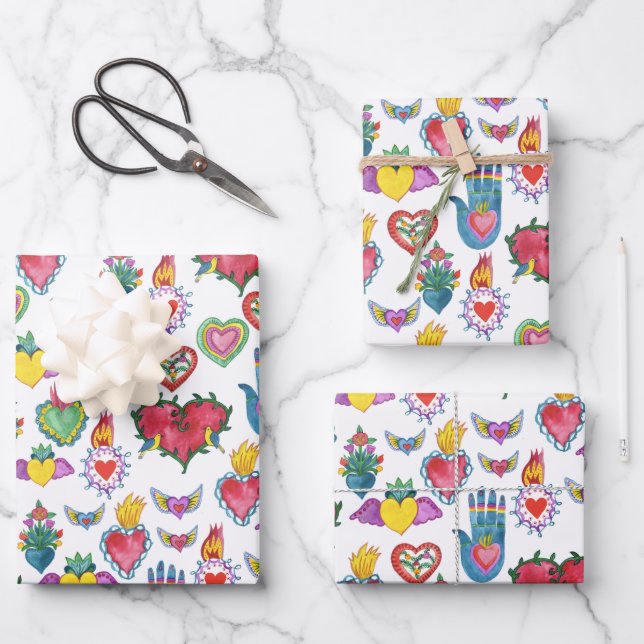 Milagros Flaming Hearts Watercolor Valentines Love Wrapping Paper Sheet (Front)