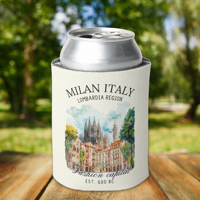 Milan Italy Gift Idea – Watercolor City Landscape Can Cooler (Creator Uploaded)