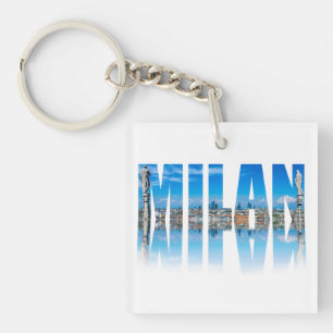 Milan label composed of Milan skyline in Italy Key Ring
