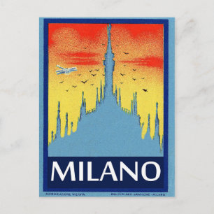 Milano cathedral, silhouette,sunset,vintage travel postcard