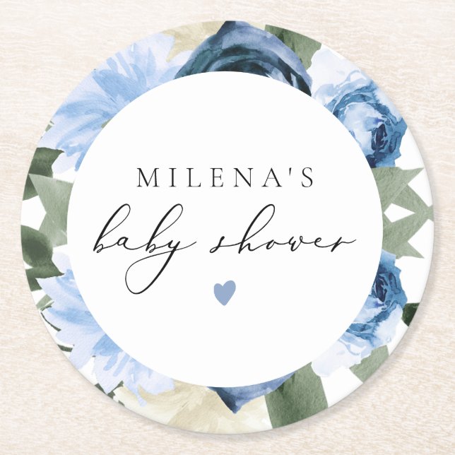 MILENA Dusty Blue Floral Boy Baby Shower Round Paper Coaster (Front)