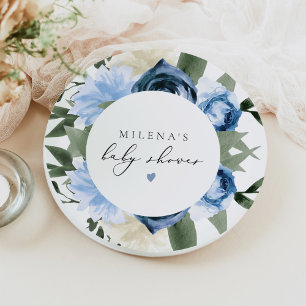 MILENA Dusty Blue Slate Floral Boy Baby Shower Paper Plate