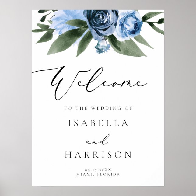MILENA Dusty Blue Slate Floral Wedding Welcome Poster (Front)
