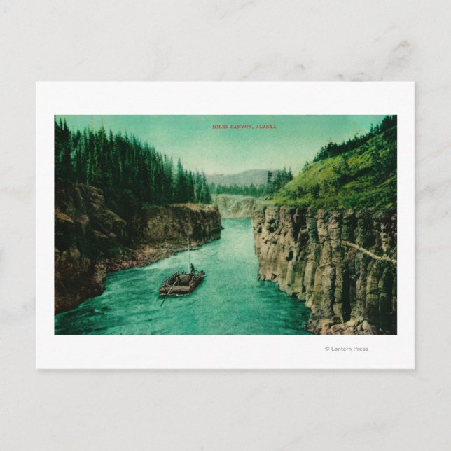 Miles Canyon, Alaska View with Men Rafting Down Postcard (Front)