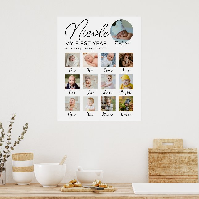 Milestone Baby First Year 12 Months Photo Collage Poster (Kitchen)