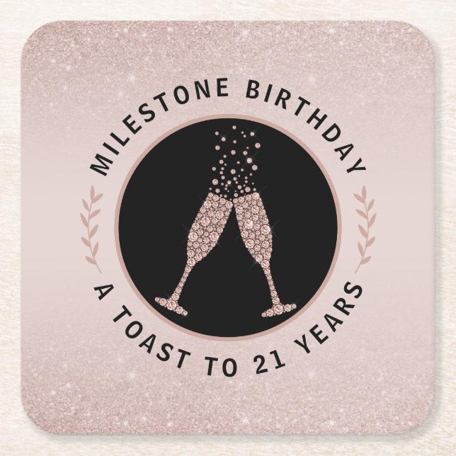 Milestone Birthday 21 Glitter Champagne Toast Square Paper Coaster (Front)