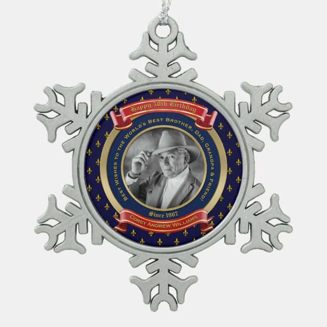 Milestone Birthday Gold Photo 50th Fifty Blue Red Snowflake Pewter Christmas Ornament (Front)