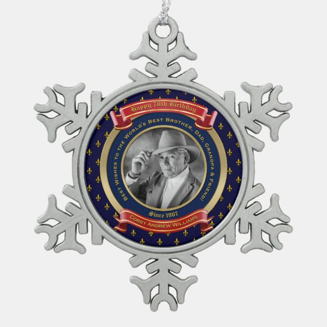 Milestone Birthday Gold Photo 70th Seventy Blue Snowflake Pewter Christmas Ornament (Front)