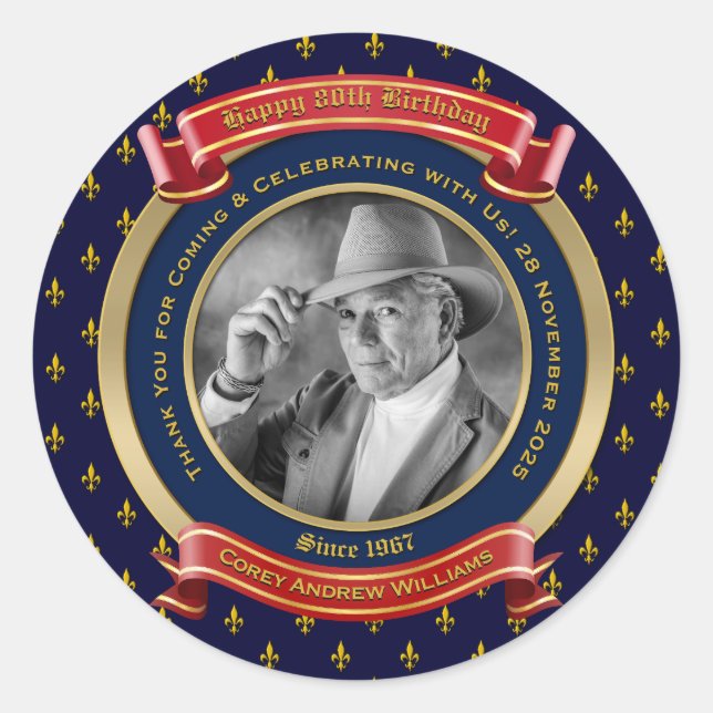 Milestone Birthday Gold Photo 80th Eighty Blue Red Classic Round Sticker (Front)