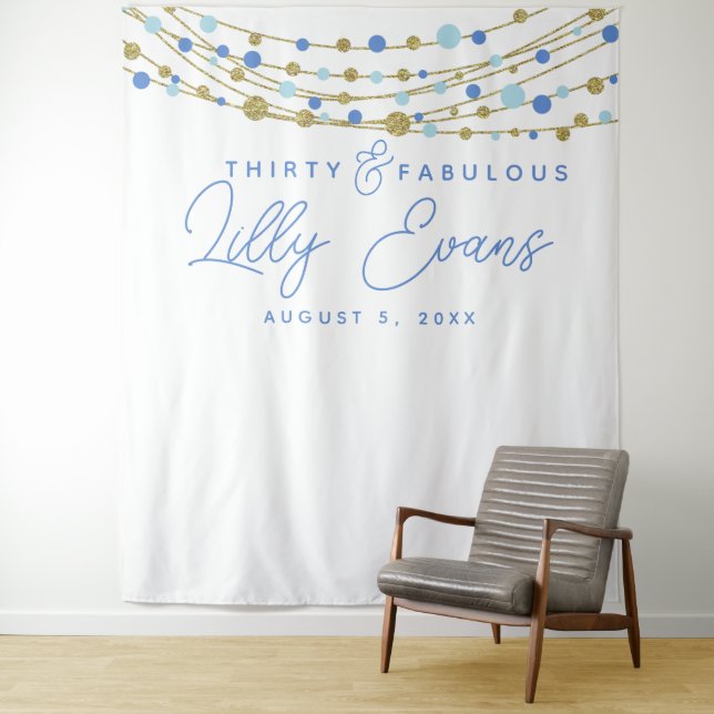 milestone birthday party banner blue and gold tapestry (In Situ)