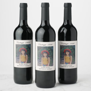 Milestone Birthday Party Decor Vintage Year Photo Wine Label
