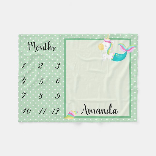 Milestone Green Mermaid Unicorn Polka Dot Keepsake Fleece Blanket (Front (Horizontal))