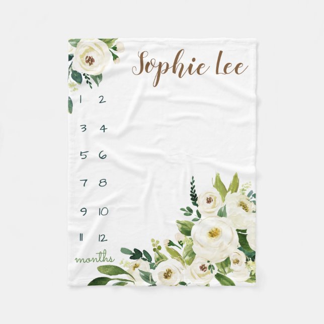 Milestone growth tracker watercolor white roses fleece blanket (Front)