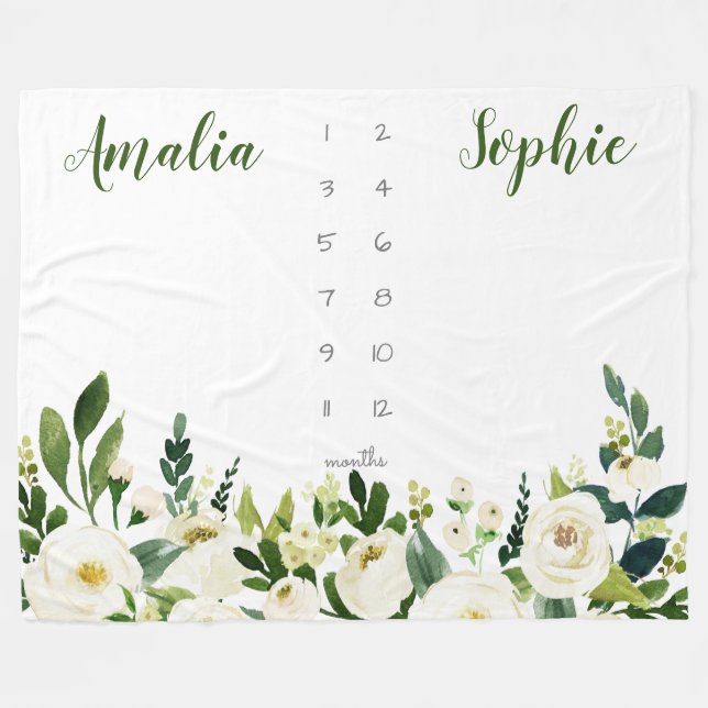 Milestone twin baby girl watercolor flowers fleece blanket (Front (Horizontal))