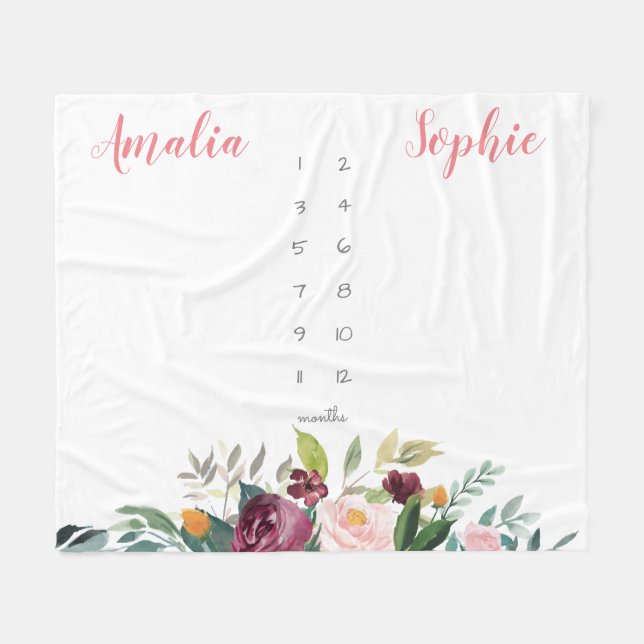 Milestone twin baby girl watercolor flowers pink fleece blanket (Front (Horizontal))