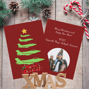 Military Aeroplane Christmas Tree Red Minimalist Holiday Card