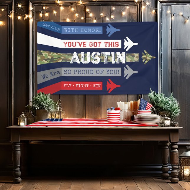 Military Air Force Jets Going Away Farewell Party Banner (Air Force military jets flight formation camouflage fly fight win going away farewell party banner)