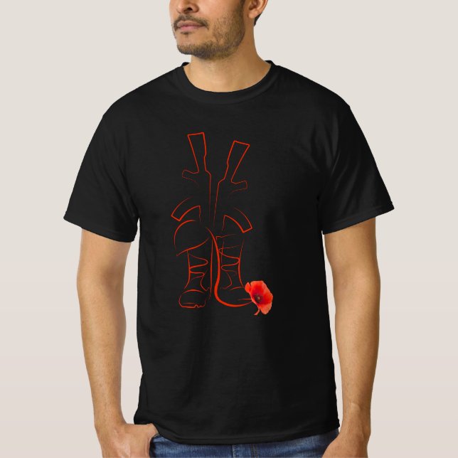 Military And Red Poppy Proud Veterans Remembrance T-Shirt (Front)