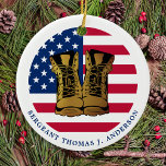 Military Army Custom USA American Flag Soldier Ceramic Tree Decoration<br><div class="desc">Introducing our patriotic ornament designed especially for military personnel, veterans and their families. This beautiful ornament features the American Flag and USA Flag, as well as gold combat boots, symbolising the bravery and dedication of the brave soldiers who served our country. To make it even more special, the ornament can...</div>