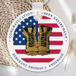Military Army Retirement Party USA American Flag  Key Ring<br><div class="desc">Add the finishing touch to your military retirement party with these USA American Flag design military keychains and party supplies. USA American flag in modern red white and blue, stars and stripes, with gold combat boots design. This American Flag party favour keychains is perfect for a military retirement party, military...</div>