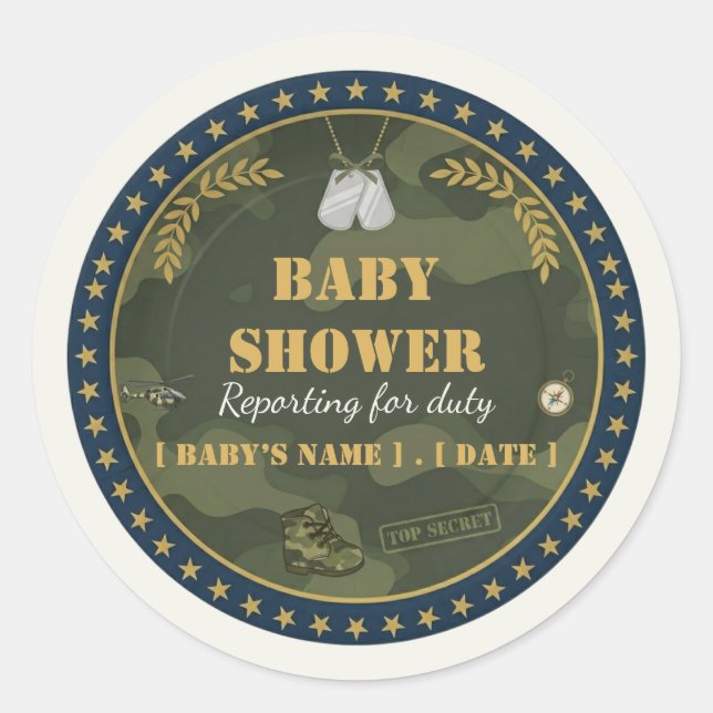 Military Baby Shower Sticker Reporting for Duty (Front)