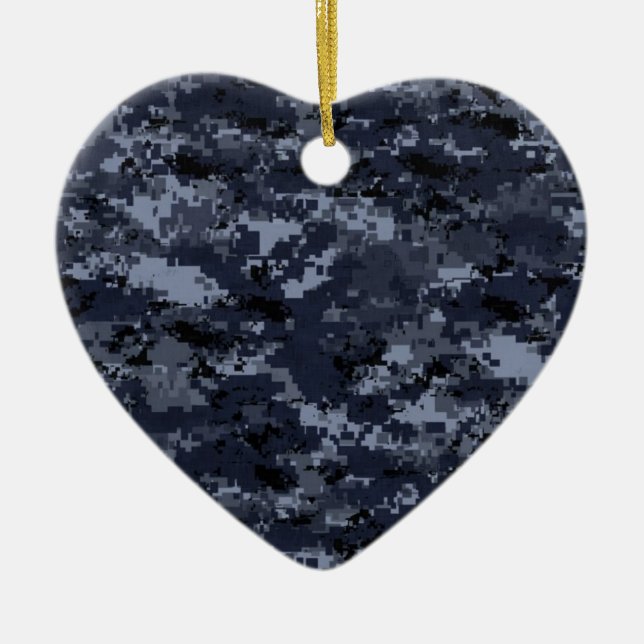 Military Blue Camo Heart Ceramic Tree Decoration (Front)