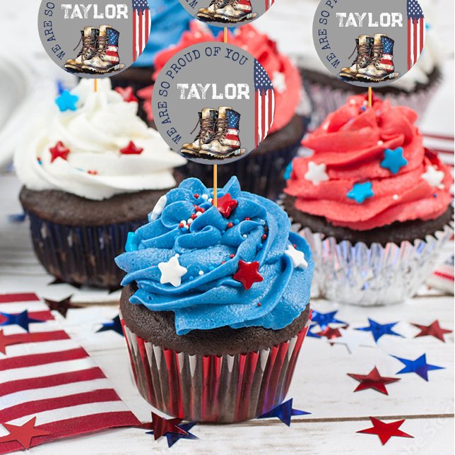 Military Boots Flag GRAY Going Away Party Picks Classic Round Sticker (Gray patriotic US flag combat boots proud personalized name army military party cupcake pick sticker)
