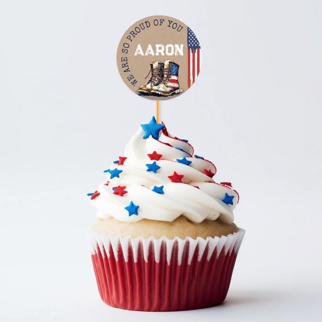Military Boots Flag RUSTIC Going Away Party Picks Classic Round Sticker (Rustic Kraft patriotic US flag boots custom name military going away party cupcake pick stickers set)