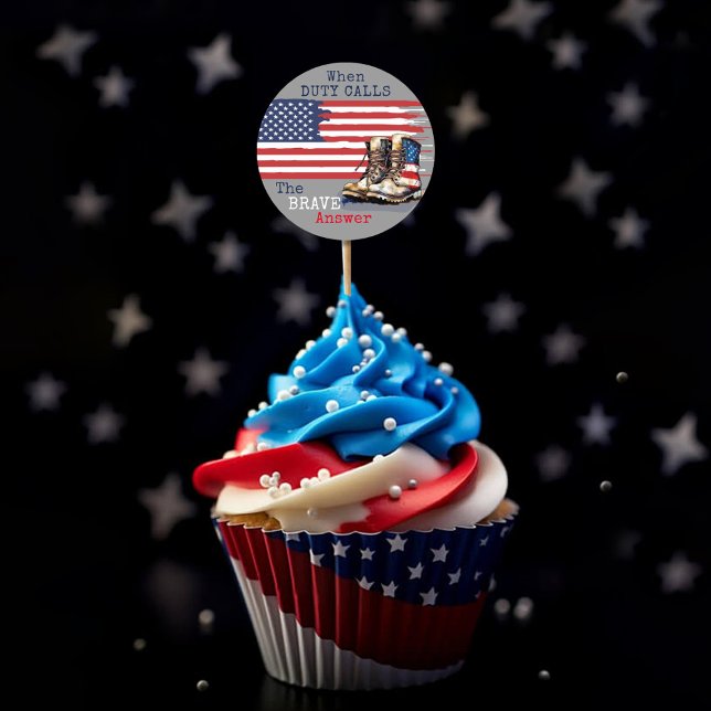 Military Boots US Flag GRAY Going Away Party Picks Classic Round Sticker (Patriotic US flag combat boots duty calls brave answer military farewell party cupcake pick sticker)