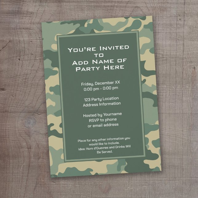 Military Camouflage Birthday Party Invitation (A camouflage print birthday party invitation)