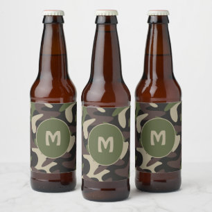 Military Camouflage Green Brown Pattern Monogram Beer Bottle Label