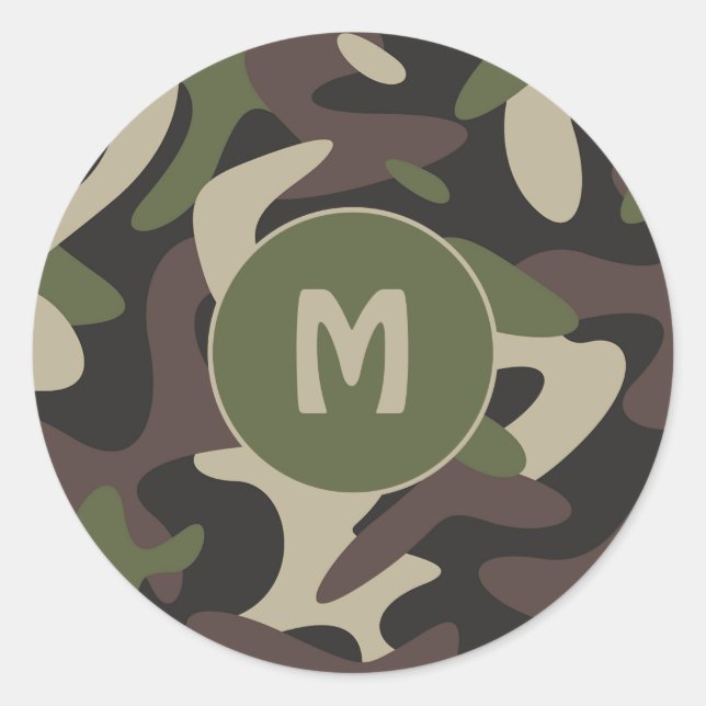 Military Camouflage Green Brown Pattern Monogram Classic Round Sticker (Front)