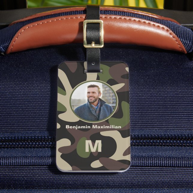 Military Camouflage Green Brown Photo Monogram Luggage Tag (Front Insitu 2)