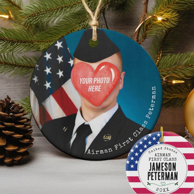 Military Christmas Gift Airman Photo Soldier Name Ceramic Tree Decoration (Airman, Soldier, Marine, Sailor, Seabee, Guardian, Patriotic USA Flag Military Mom Christmas gift)