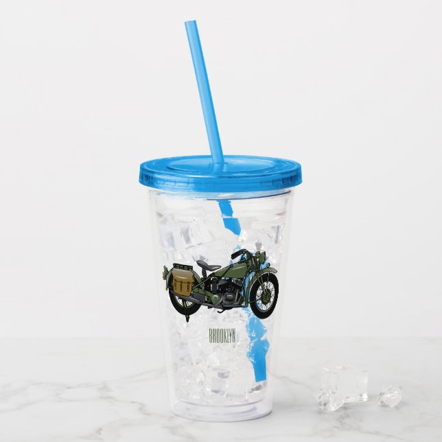 Military cruiser motorcycle cartoon illustration acrylic tumbler (Front Ice)
