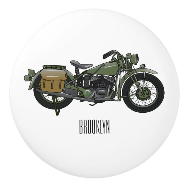 Military cruiser motorcycle cartoon illustration ceramic knob (Front)