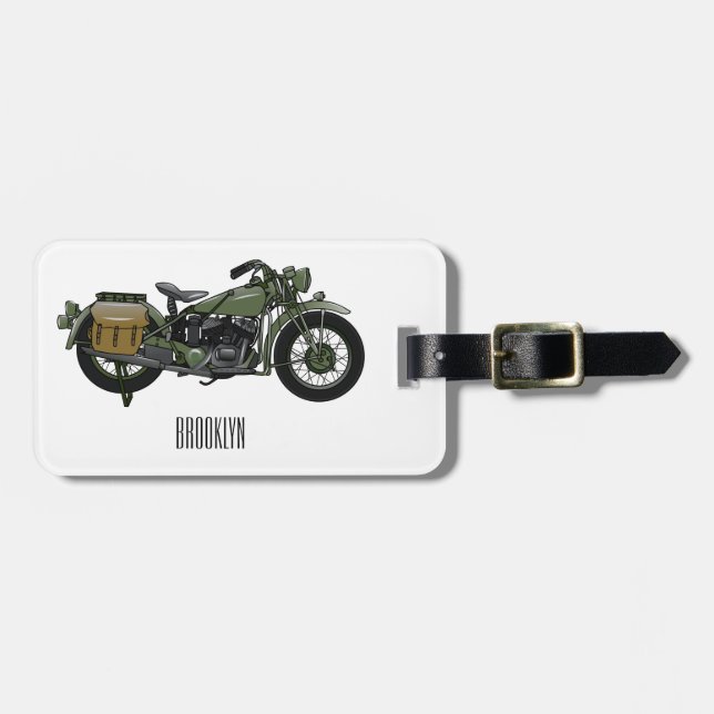 Military cruiser motorcycle cartoon illustration luggage tag (Front Horizontal)