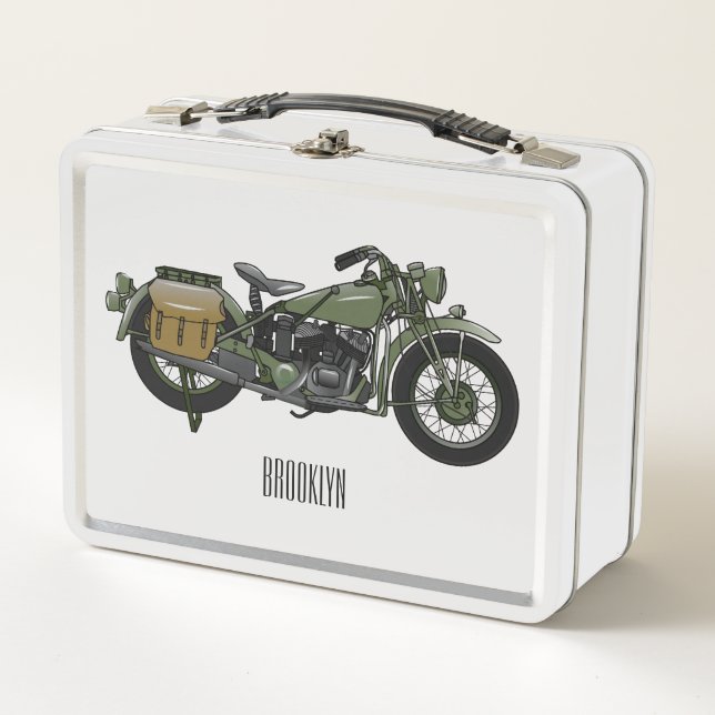 Military cruiser motorcycle cartoon illustration metal lunch box (Front)