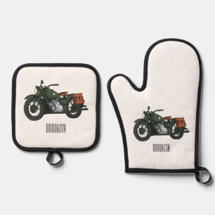 Military cruiser motorcycle cartoon illustration oven mitt & pot holder set