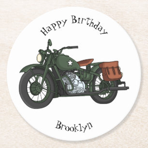 Military cruiser motorcycle cartoon illustration round paper coaster
