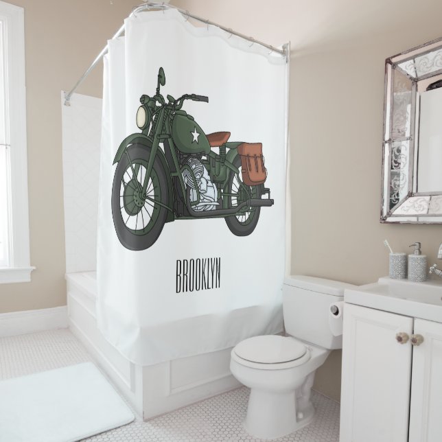 Military cruiser motorcycle cartoon illustration shower curtain (In Situ)