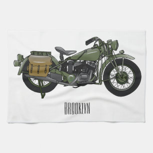Military cruiser motorcycle cartoon illustration tea towel